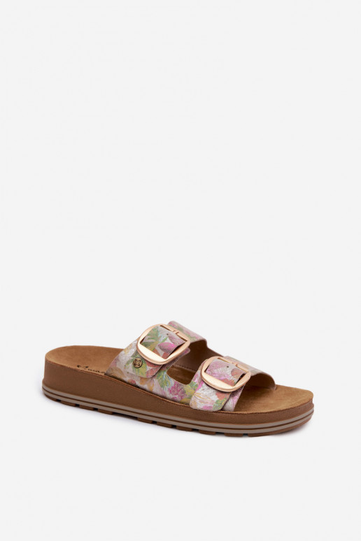 Lederne gemusterte Slipper mit Schnallen in verschiedenen Farben