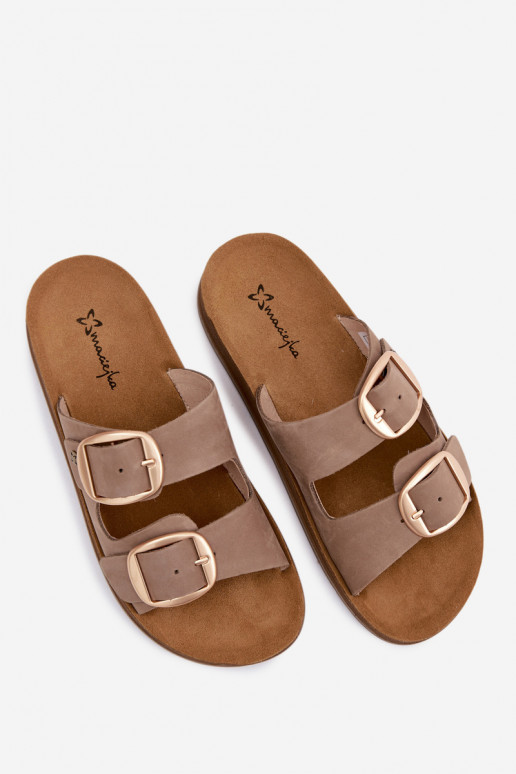 Lederne Slipper mit Schnallen in Sandfarbe