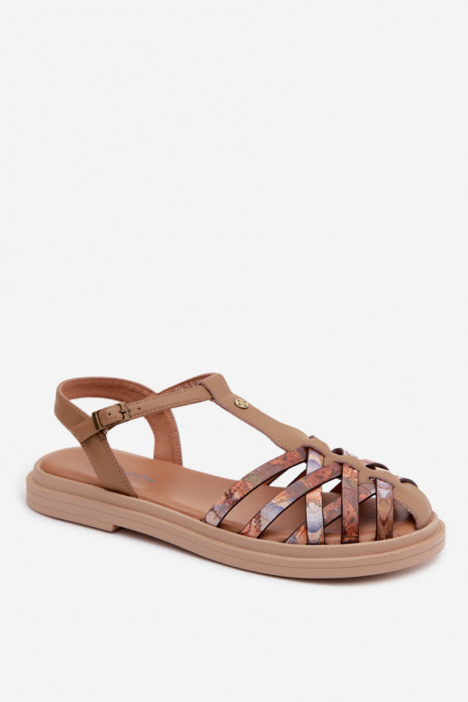 Lederne flache Sandalen für Frauen mit Riemen in Sandfarbe