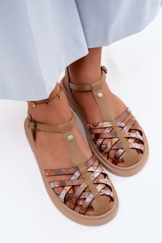 Haut Flache Sandalen für Damen mit Streifen Es mussciejka K7442-04 Beige