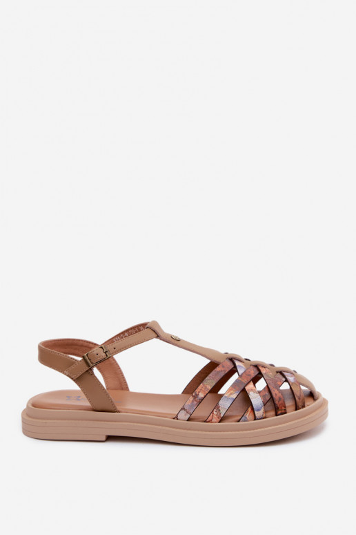 Lederne flache Sandalen für Frauen mit Riemen in Sandfarbe