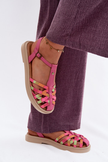 Haut Flache Sandalen für Damen mit Streifen Es mussciejka K7442-15 pinke Farbe