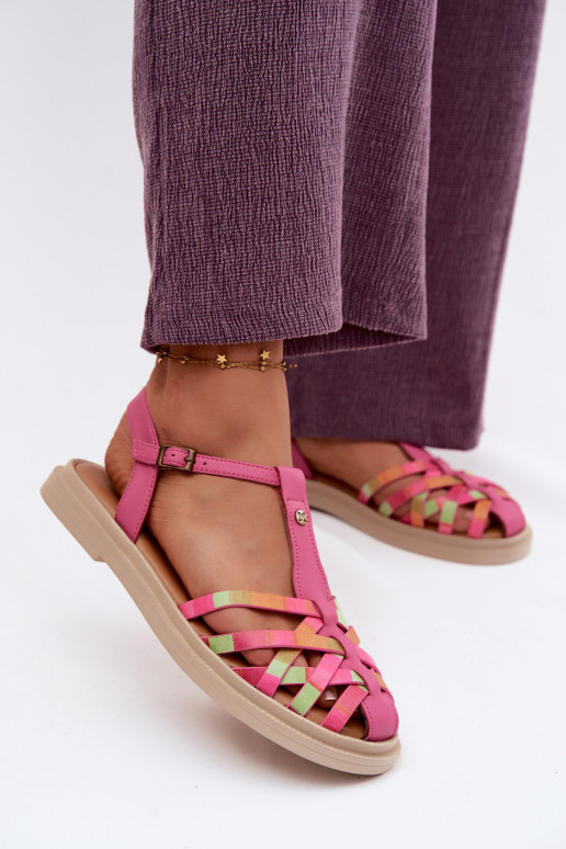 Lederne flache Sandalen für Frauen mit Riemen in Rosa
