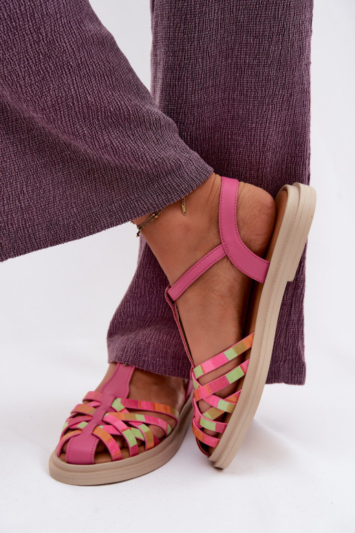 Haut Flache Sandalen für Damen mit Streifen Es mussciejka K7442-15 pinke Farbe