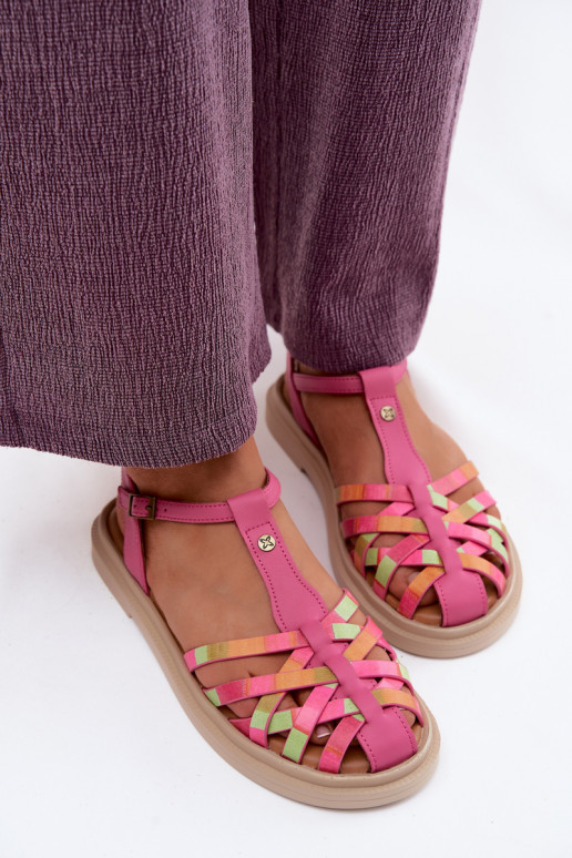 Lederne flache Sandalen für Frauen mit Riemen in Rosa