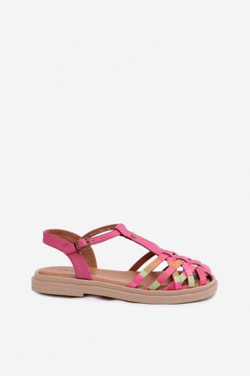 Lederne flache Sandalen für Frauen mit Riemen in Rosa