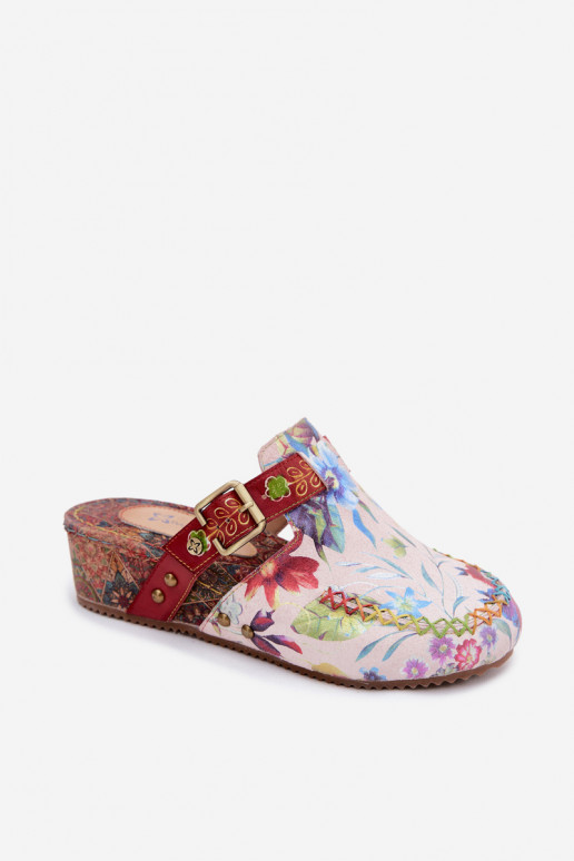 Lederne Damen-Slipper mit Plattform und Blumen in verschiedenen Farben