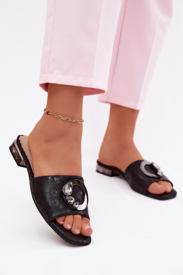 Damenhausschuhe mit breiten Absätzen mit Ornamenten KV61-6025 schZuarze Farbe 2