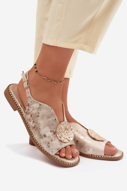 Damensandalen mit breiten Absätzen mit Ornamenten S.Barski KV61-6035 goldene Farbe