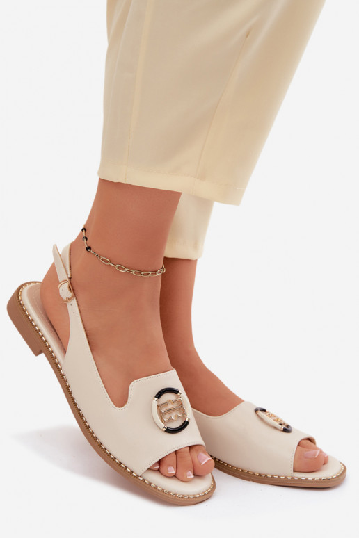 Damensandalen mit breiten Absätzen mit Ornamenten S.Barski KV61-6037 Creme farben