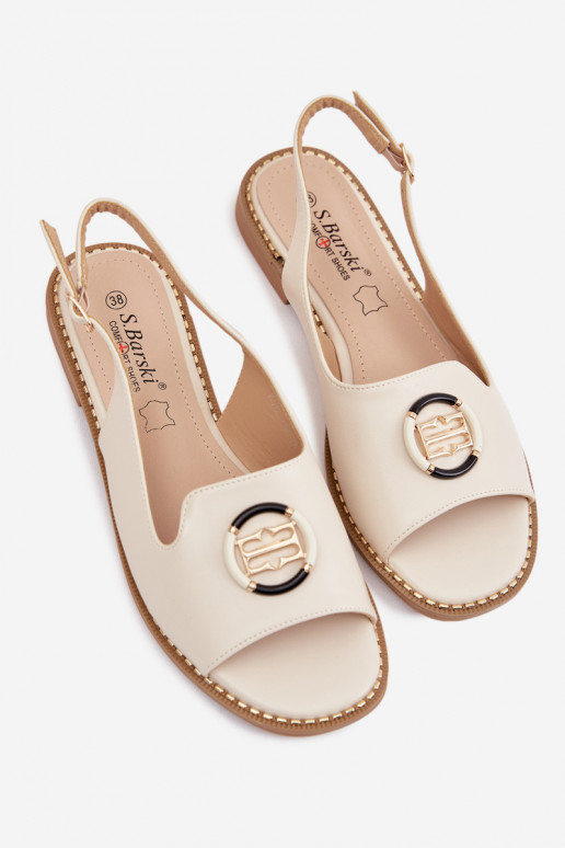 Damensandalen mit breiten Absätzen mit Ornamenten S.Barski KV61-6037 Creme farben