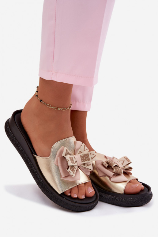 Damenhausschuhe Ermöglichtturleder mit Bändern S.Barski KV61-6061 goldene Farbe