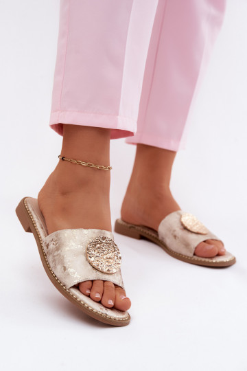 Damenhausschuhe Mit Dekorationen Detalem mit breiten Absätzen KV61-6034 goldene Farbe 2