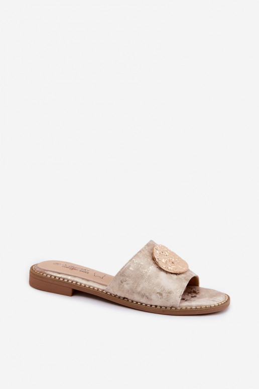 Damenhausschuhe Mit Dekorationen Detalem mit breiten Absätzen KV61-6034 goldene Farbe