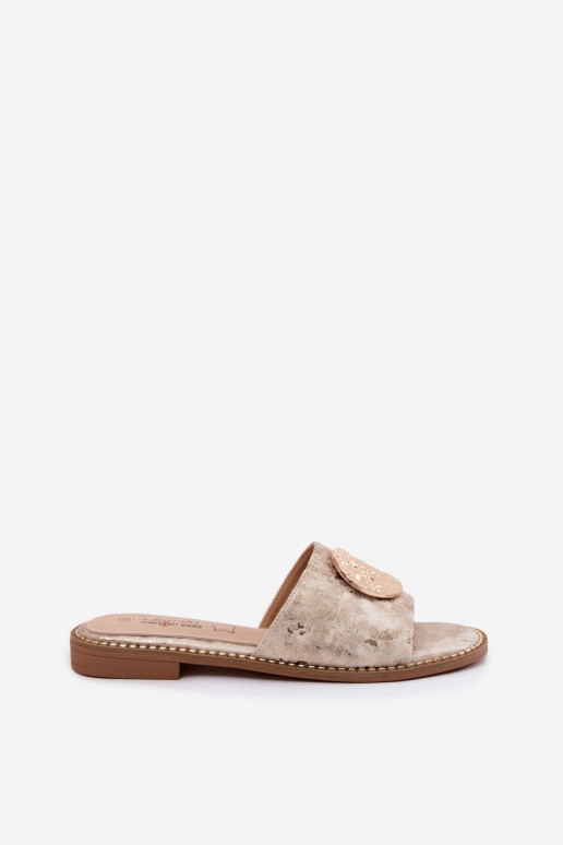 Damenhausschuhe Mit Dekorationen Detalem mit breiten Absätzen KV61-6034 goldene Farbe