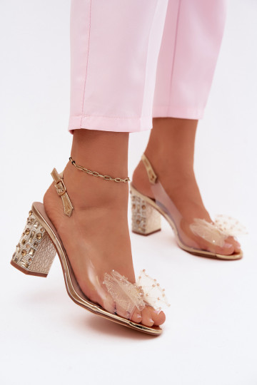 Sandalen mit Absatz und funkelnden Edelsteinen, Netz mit Schleifen D&A MR61-9010 gold 2