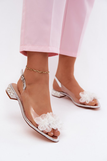 Transparente Sandalen mit funkelnden Edelsteinen und Netzblumenmotiven D&A MR61-9006 silber 2