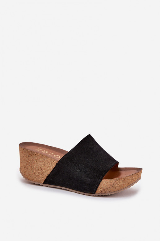 Zazoo 40311 Damen schwarze Wildlederslipper auf Korksohle