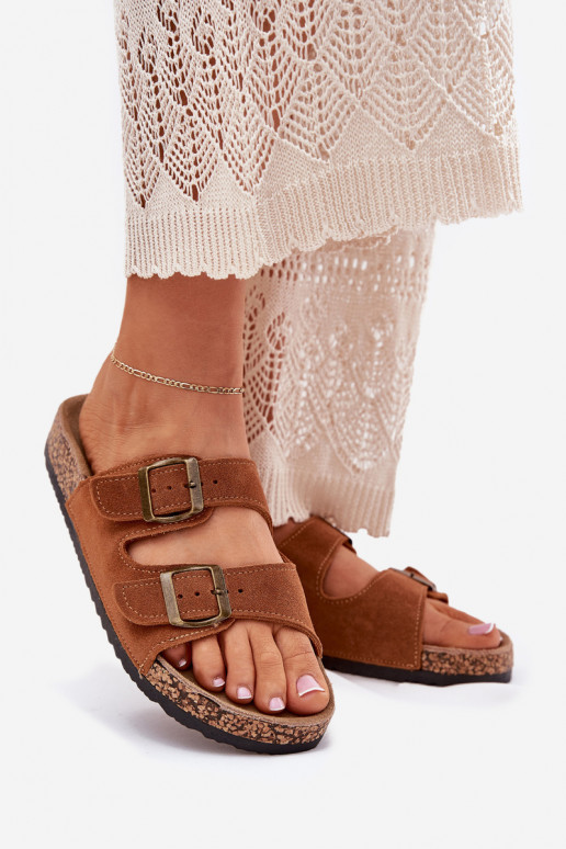 INildlederpantoffeln Auf einer Korksohle mit Schnallen braune Farbe Tavira