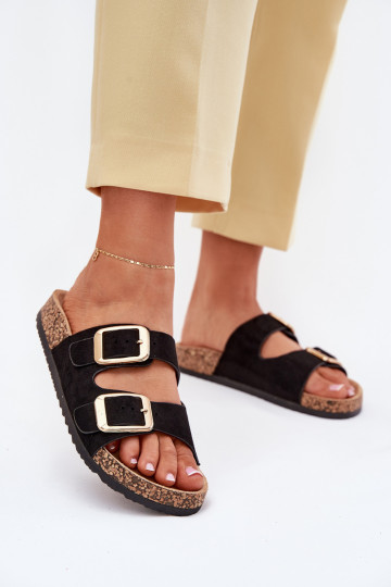 Damen schwarze Kunstveloursleder-Slipper mit goldenen Schnallen Vorella