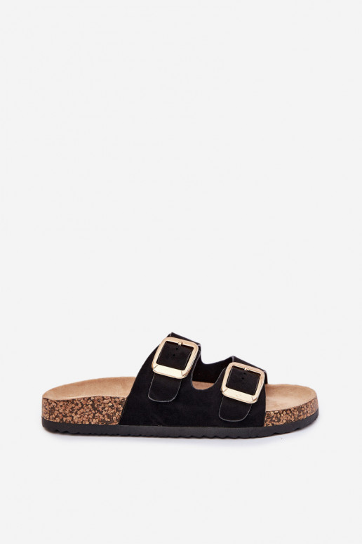Damen schwarze Kunstveloursleder-Slipper mit goldenen Schnallen Vorella