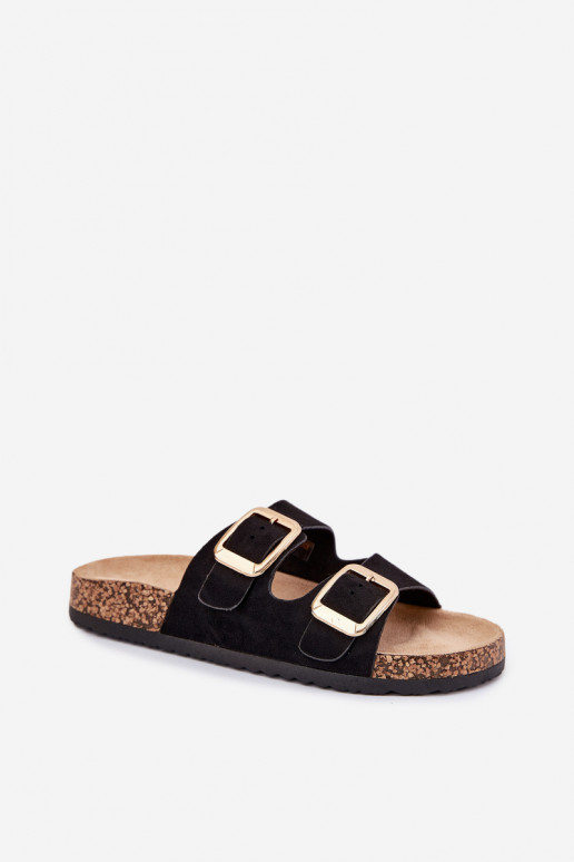 Damen schwarze Kunstveloursleder-Slipper mit goldenen Schnallen Vorella