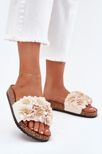 Damen sandfarbene Slipper auf Korksohle mit dekorativen Blumenmotiven Seleneza