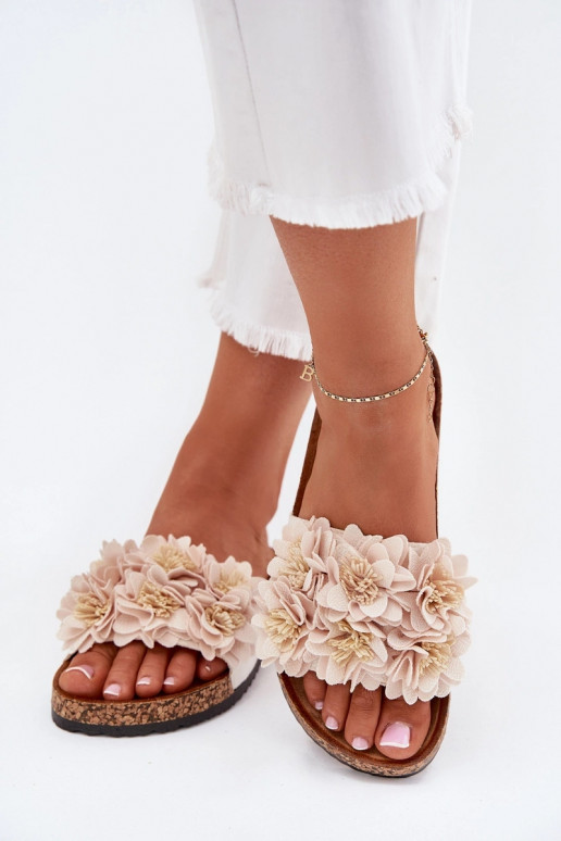 Damenhausschuhe Auf einer Korksohle Mit Dekorationeni mit floralen Motivenkami Beige Seleneza