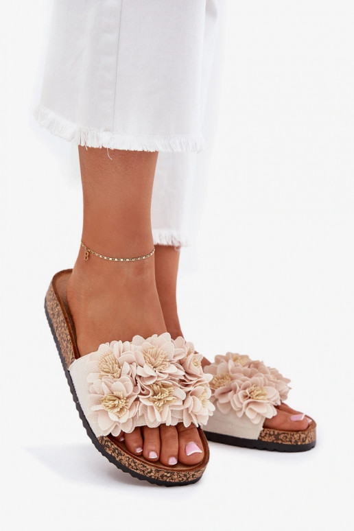 Damenhausschuhe Auf einer Korksohle Mit Dekorationeni mit floralen Motivenkami Beige Seleneza