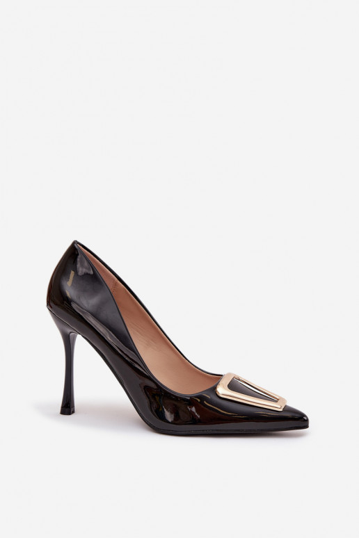 Schwarze High Heels mit Lackeffekt und goldenen Details Paivelle