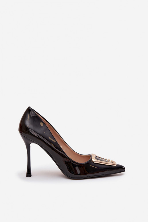 Schwarze High Heels mit Lackeffekt und goldenen Details Paivelle