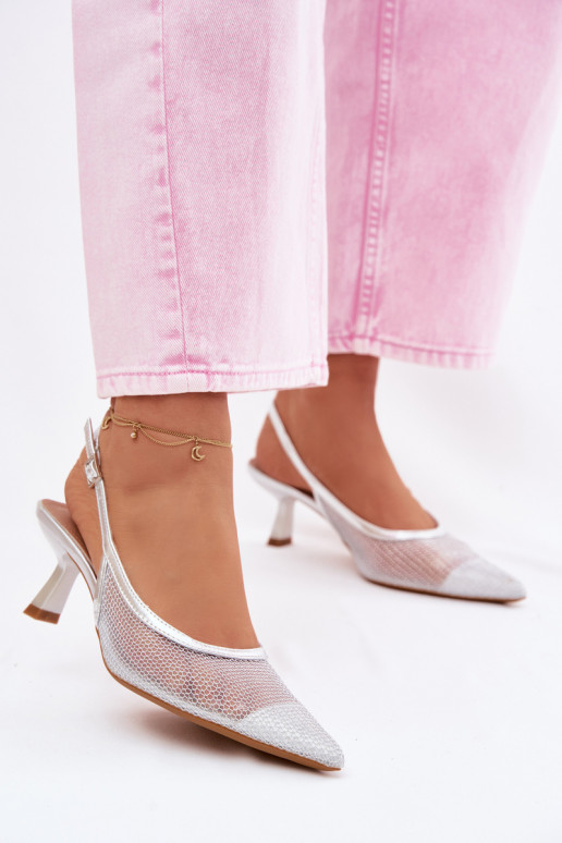 Netz Sandalen Ermöglicht Smukłym Obcasie Silberfarbe Calora