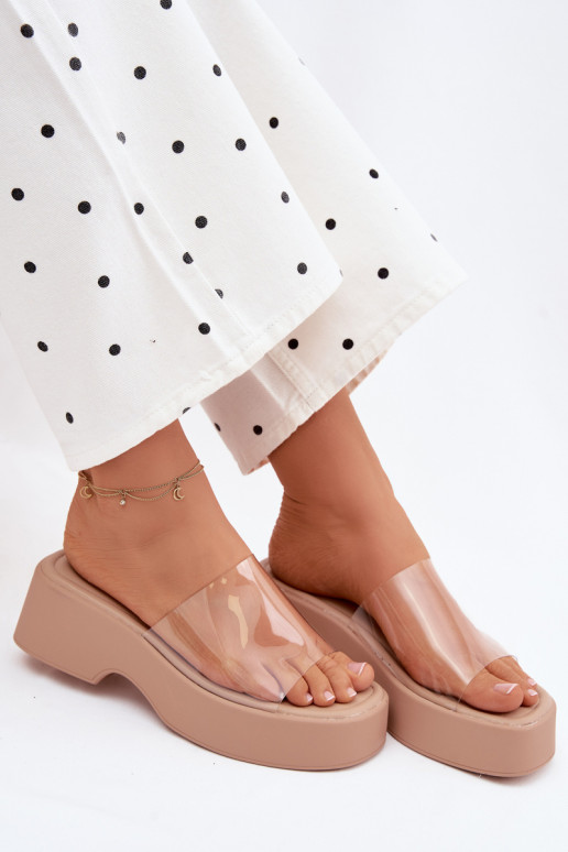 Damenhausschuhe mit einer PlattformTransparentnym Streifenem Beige Selestia