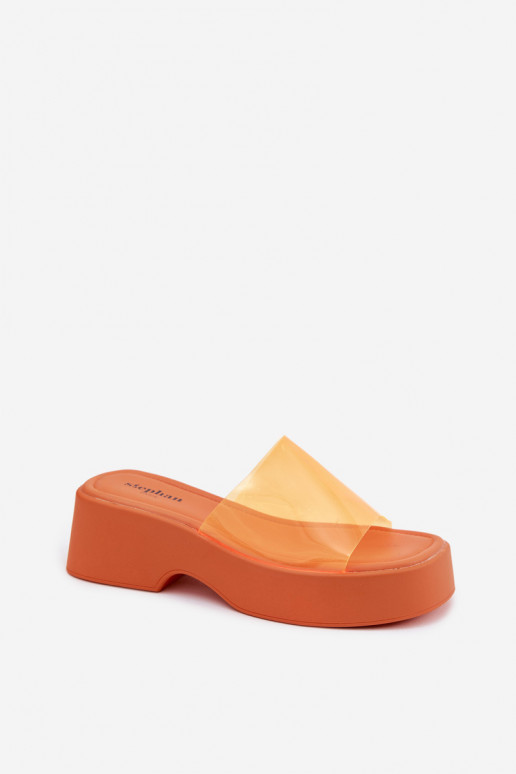 Damen orange Plattformslipper mit transparenten Riemen Selestia