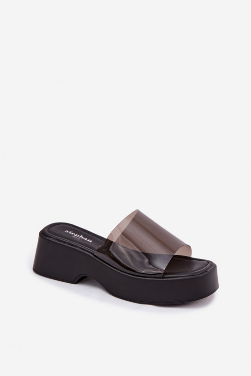 Damen schwarze Plattformslipper mit transparenten Riemen Selestia