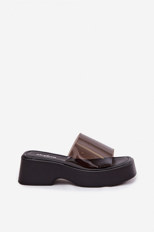 Damen schwarze Plattformslipper mit transparenten Riemen Selestia