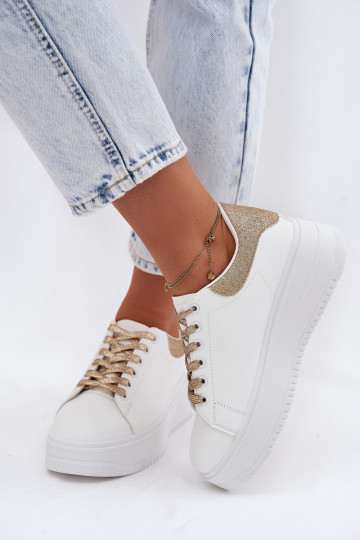 Sneakers Stilvollllschuhe Feminin mit einer PlattformImitacji Skóry INeiß-goldene Farbe mit Glanz Calinae