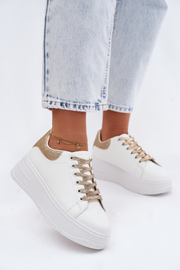 Sneakers Stilvollllschuhe Feminin mit einer PlattformImitacji Skóry INeiß-goldene Farbe mit Glanz Calinae 2