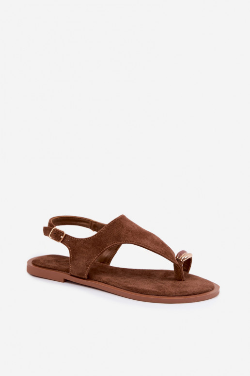 Goldene flache Sandalen mit Kunstveloursleder-Details in Braun Jelviane