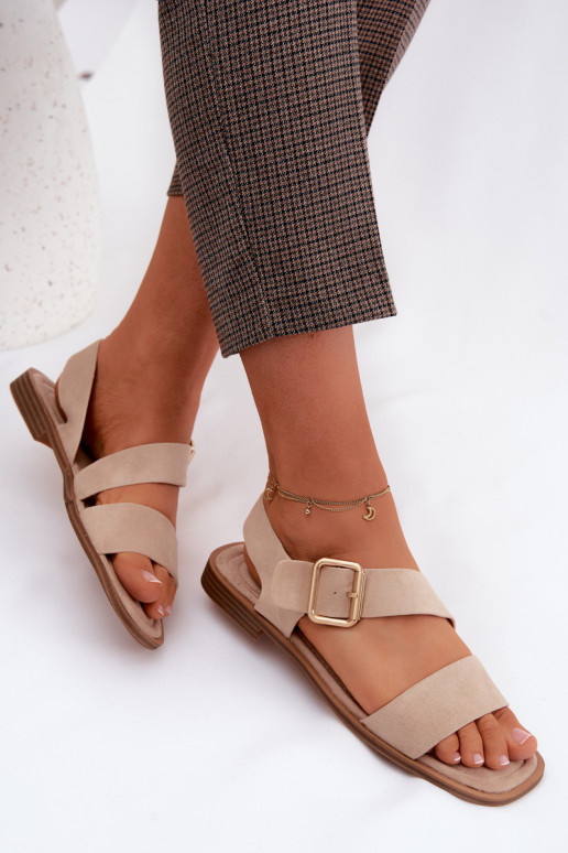 Beige Damensandalen mit breiten Absätzen und goldenen Schnallen Verissea