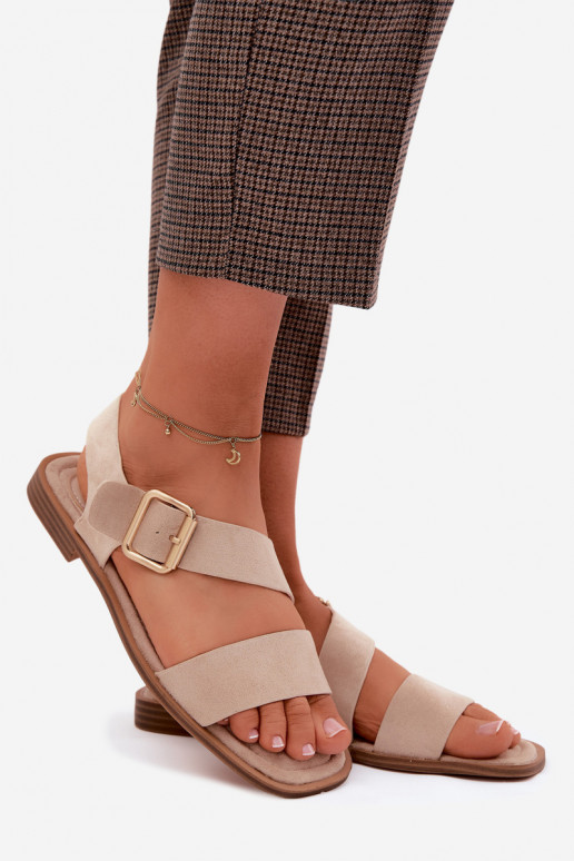 Beige Damensandalen mit breiten Absätzen und goldenen Schnallen Verissea