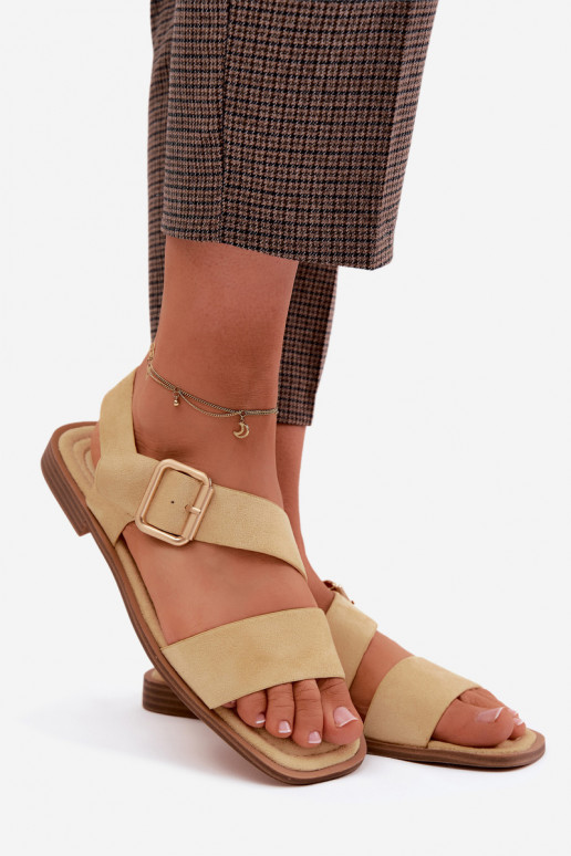 Gelbe Damensandalen mit breiten Absätzen und goldenen Schnallen Verissea