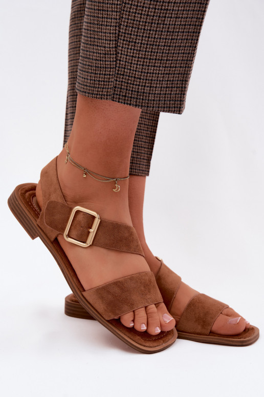 Damensandalen mit breiten Absätzen mit goldenen Schnallen braune Farbe Verissea