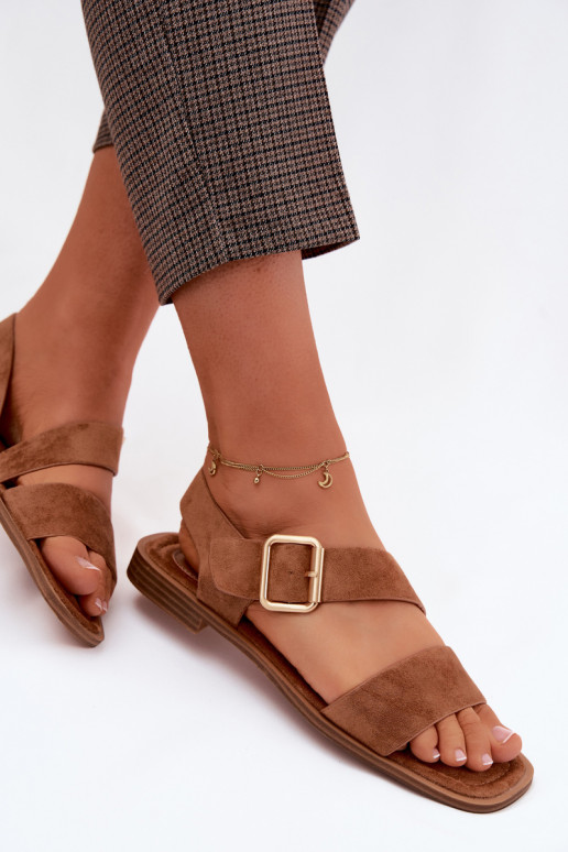 Damensandalen mit breiten Absätzen mit goldenen Schnallen braune Farbe Verissea