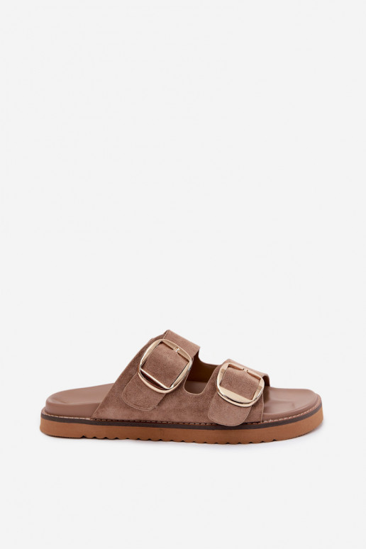 Goldene Damenschuhe mit Kunstveloursleder-Schnallen in Khaki Averia