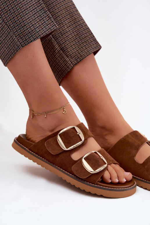 Goldene Damenschuhe mit Kunstveloursleder-Schnallen in Braun Averia