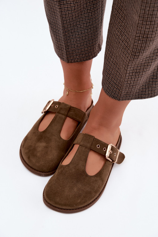 Damenpantoletten aus Kunstveloursleder in Khaki Melvia