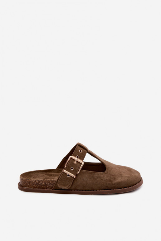 Damenpantoletten aus Kunstveloursleder in Khaki Melvia