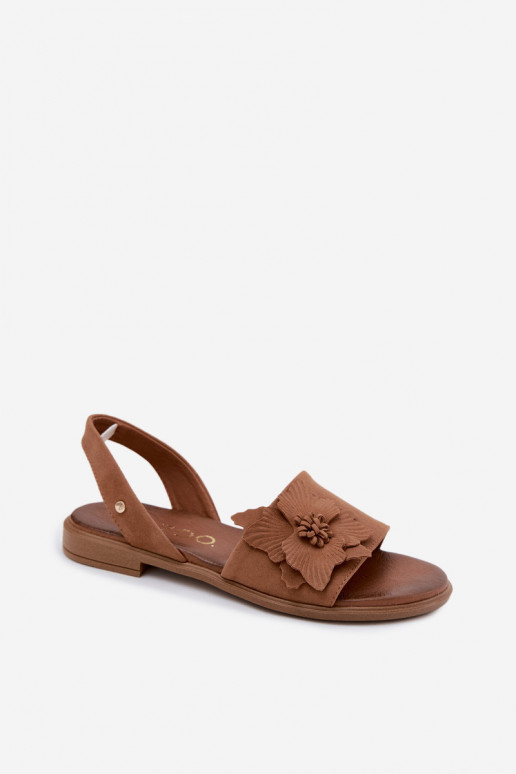 Wildledersandalen mit breiten Absätzen und dekorativen Blumen Zazoo 407471 in Braun