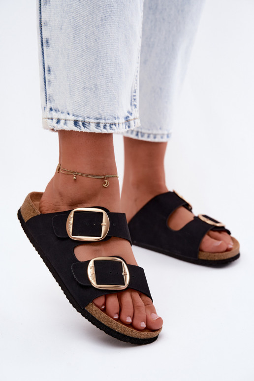 Damenhausschuhe Auf einer Korksohle mit Schnallen Lee Cooper LCIN-26-35-4455L schZuarze Farbe